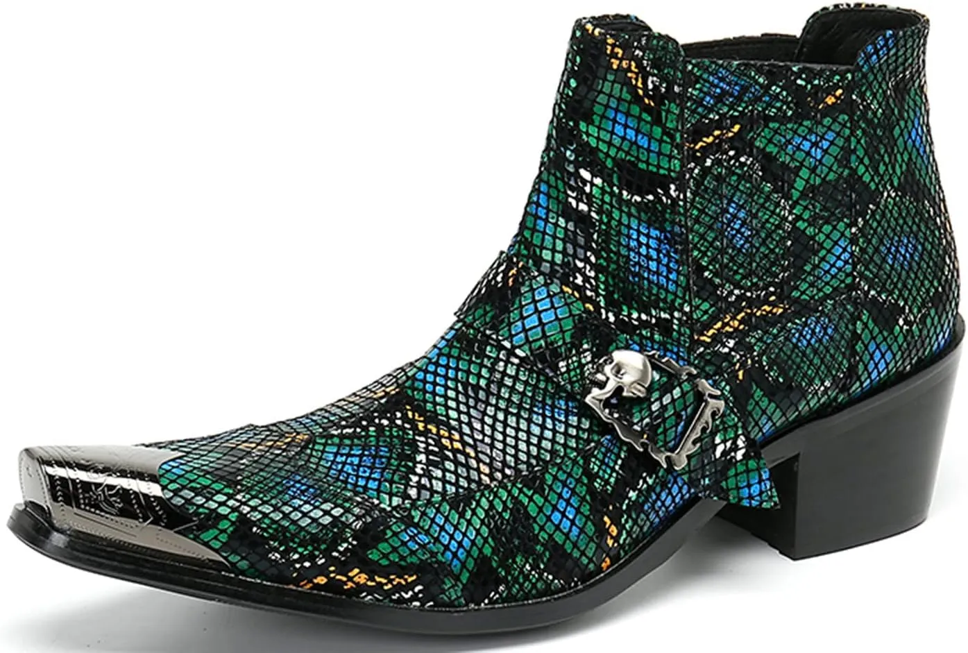 Santimon Men's Chelsea Boots - Leather Western Ankle Boots with Metal Pointed-Toe & Snakeskin Texture - Dress & Casual Boots for Party, Disco, Wedding, Prom & Singer