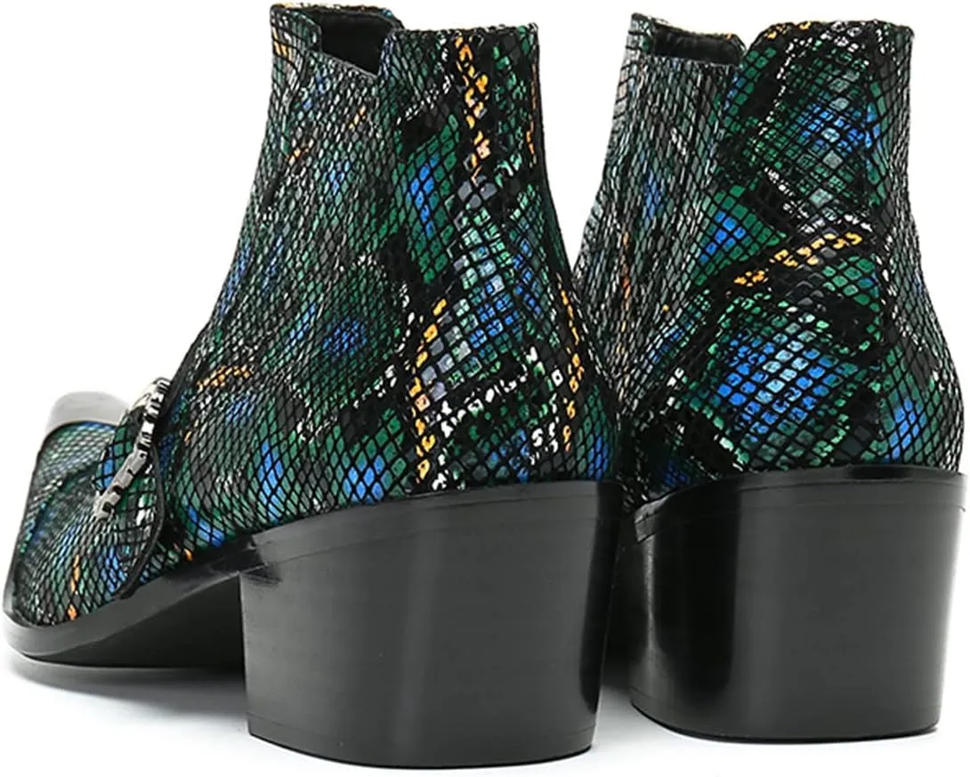 Santimon Men's Chelsea Boots - Leather Western Ankle Boots with Metal Pointed-Toe & Snakeskin Texture - Dress & Casual Boots for Party, Disco, Wedding, Prom & Singer