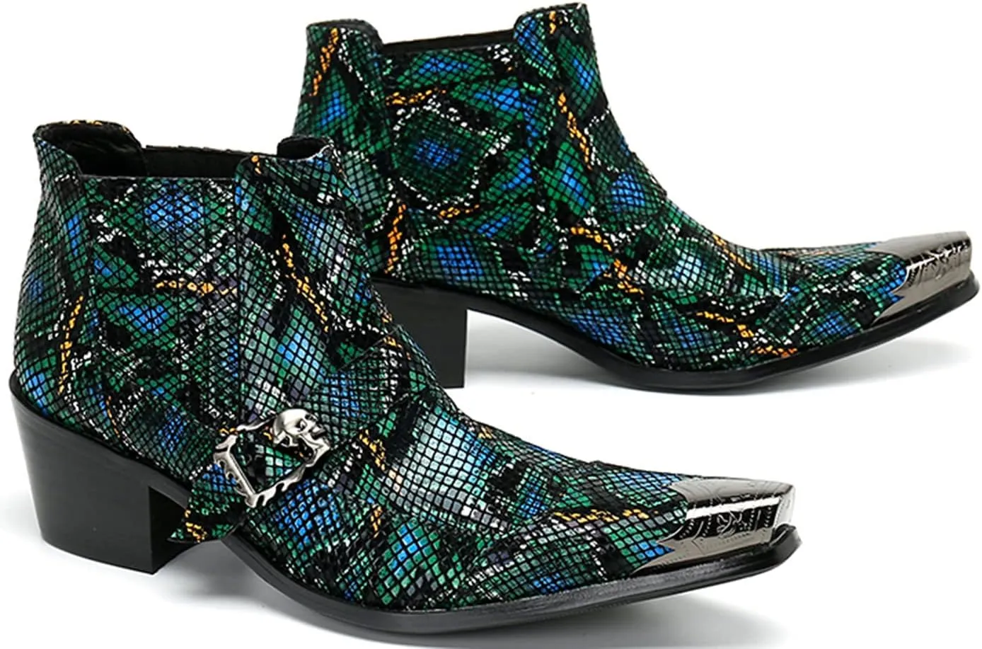 Santimon Men's Chelsea Boots - Leather Western Ankle Boots with Metal Pointed-Toe & Snakeskin Texture - Dress & Casual Boots for Party, Disco, Wedding, Prom & Singer
