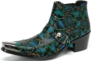 Santimon Men's Chelsea Boots - Leather Western Ankle Boots with Metal Pointed-Toe & Snakeskin Texture - Dress & Casual Boots for Party, Disco, Wedding, Prom & Singer