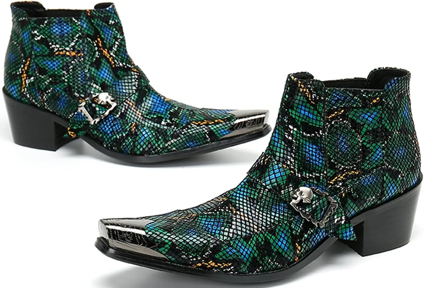 Santimon Men's Chelsea Boots - Leather Western Ankle Boots with Metal Pointed-Toe & Snakeskin Texture - Dress & Casual Boots for Party, Disco, Wedding, Prom & Singer