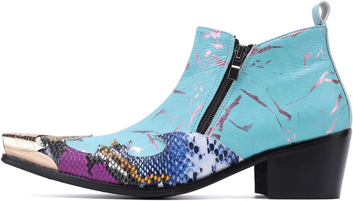 Santimon Men's Chelsea Boots - Leather Western Ankle Boots with Metal Tip-Toe, Buckles & Zipper - Two-Tone Dress & Casual Boots for Party, Disco, Wedding, Prom & Singer