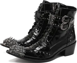 Santimon Mens Oxfords Boots Casual Dress Cowboy Boots Genuine Leather Metal Wingtip Toe Rivets Western Boots Fashion Ballroom Tuxedo Party Disco Rock Singer Prom Wedding Mid Top Boots for Men