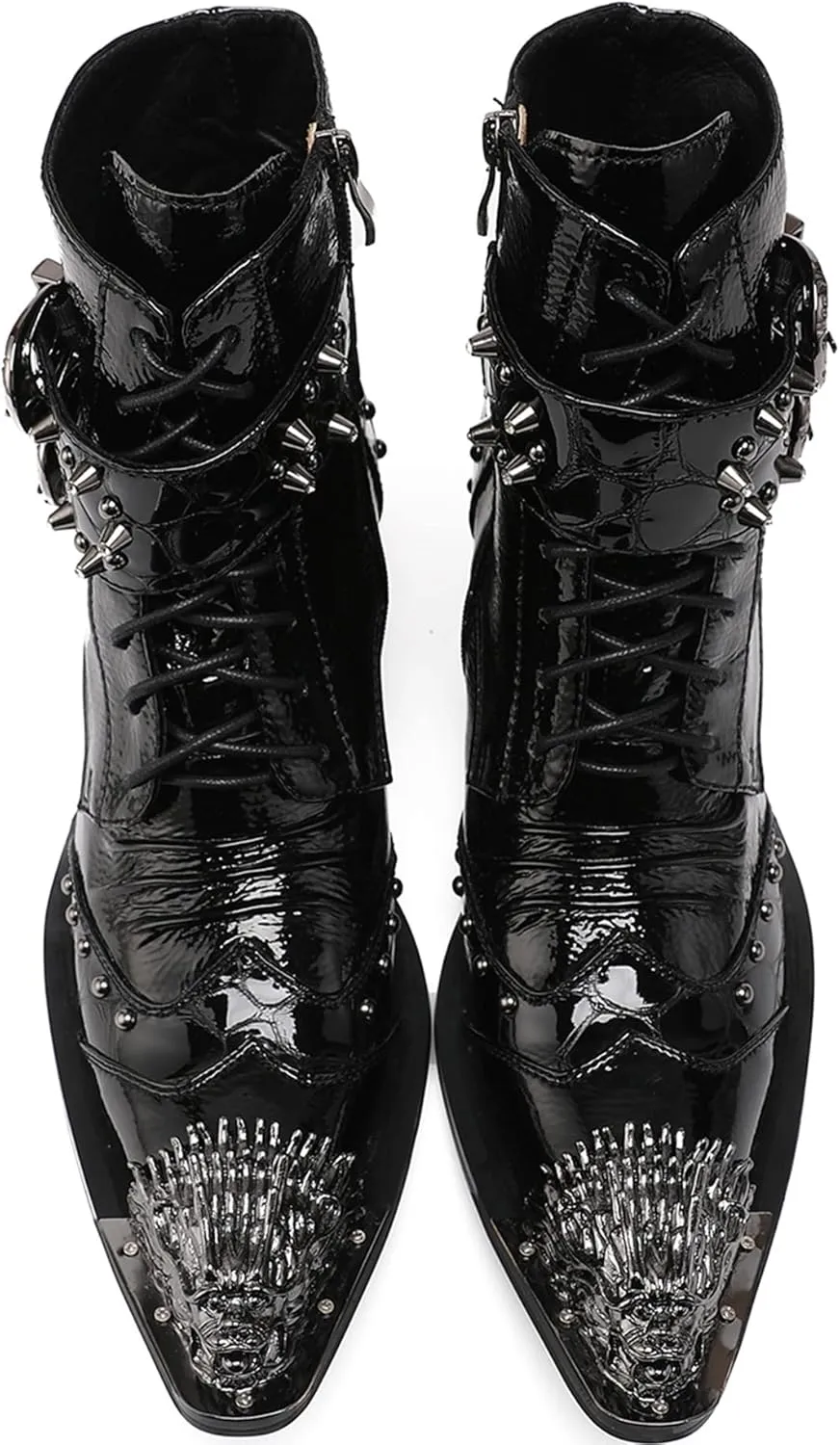 Santimon Mens Oxfords Boots Casual Dress Cowboy Boots Genuine Leather Metal Wingtip Toe Rivets Western Boots Fashion Ballroom Tuxedo Party Disco Rock Singer Prom Wedding Mid Top Boots for Men