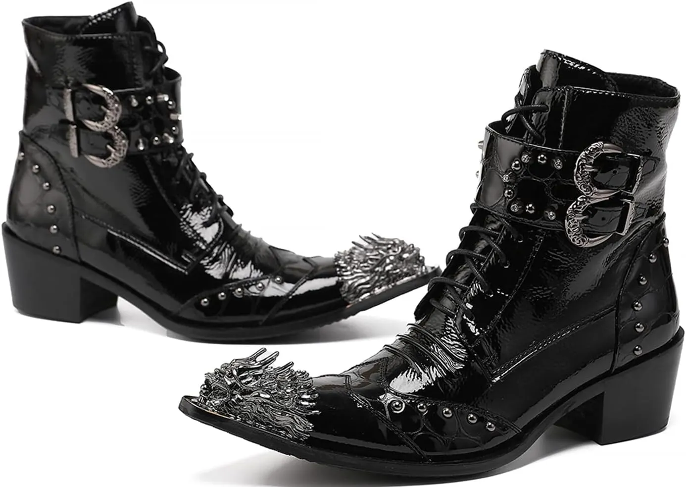Santimon Mens Oxfords Boots Casual Dress Cowboy Boots Genuine Leather Metal Wingtip Toe Rivets Western Boots Fashion Ballroom Tuxedo Party Disco Rock Singer Prom Wedding Mid Top Boots for Men