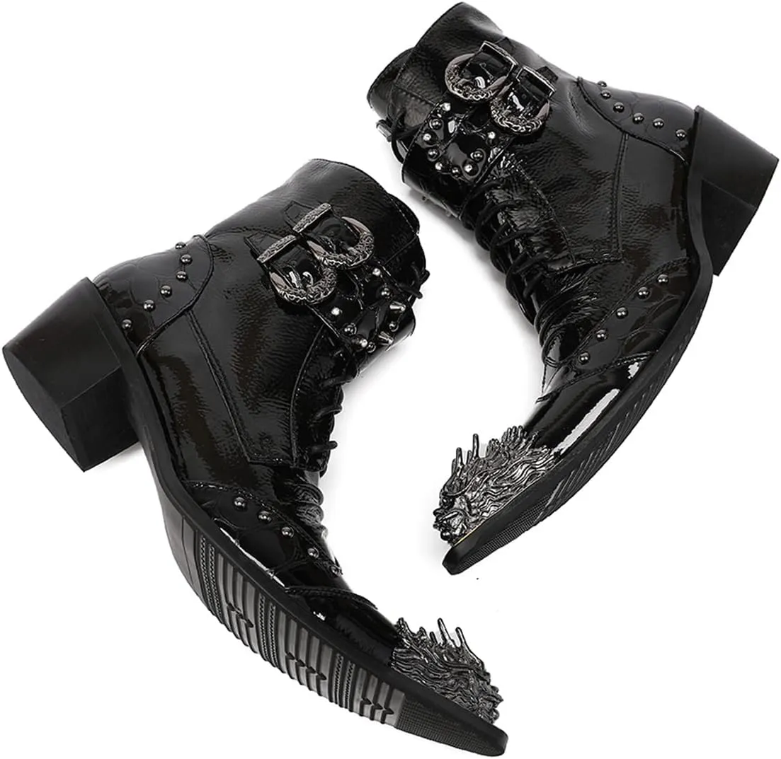 Santimon Mens Oxfords Boots Casual Dress Cowboy Boots Genuine Leather Metal Wingtip Toe Rivets Western Boots Fashion Ballroom Tuxedo Party Disco Rock Singer Prom Wedding Mid Top Boots for Men