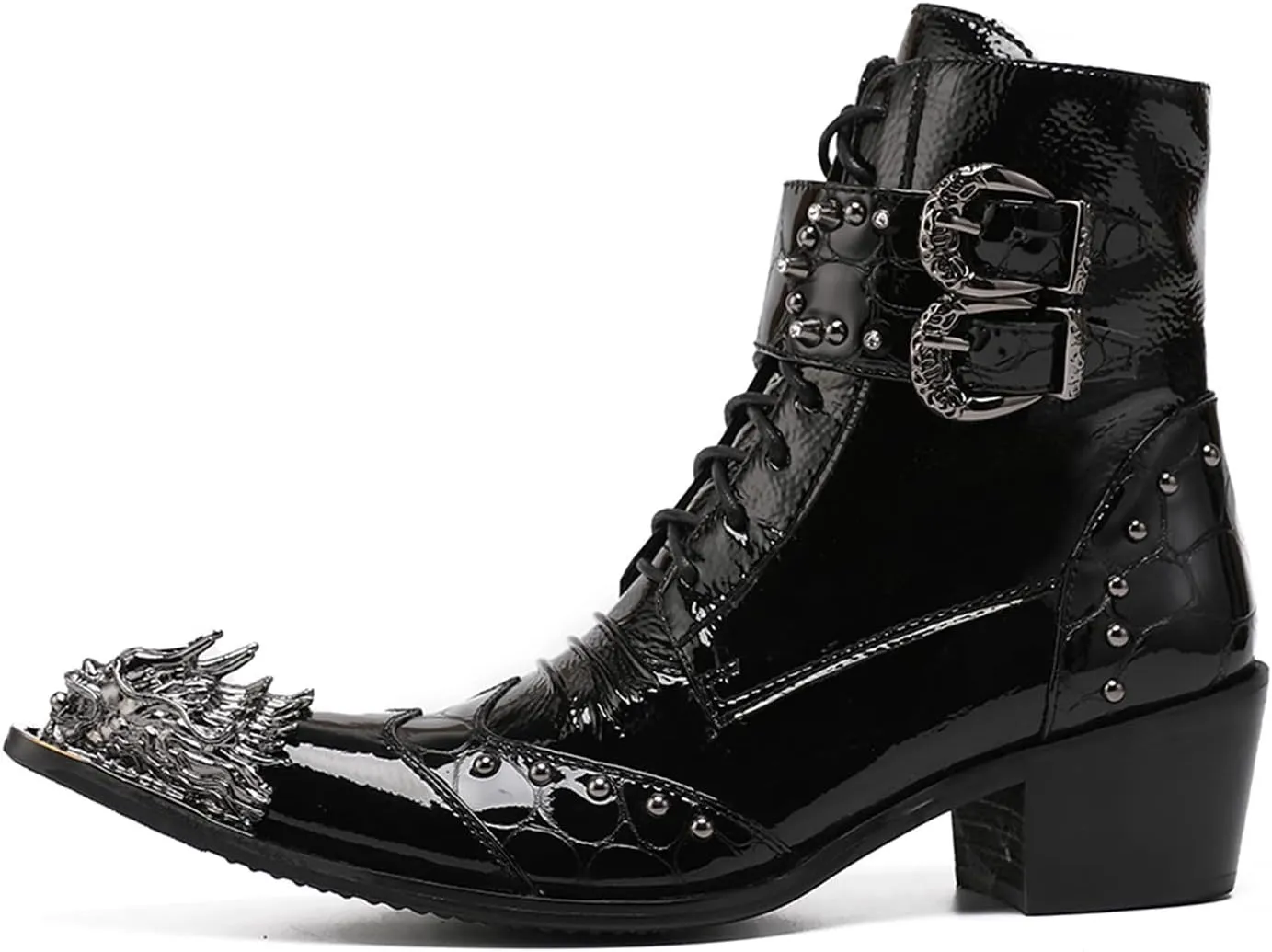 Santimon Mens Oxfords Boots Casual Dress Cowboy Boots Genuine Leather Metal Wingtip Toe Rivets Western Boots Fashion Ballroom Tuxedo Party Disco Rock Singer Prom Wedding Mid Top Boots for Men