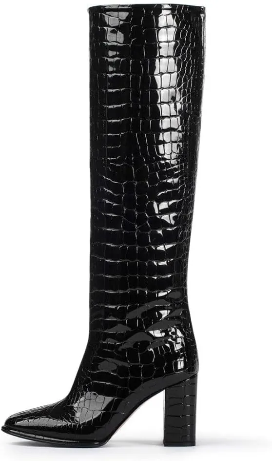 sarawill Women's Pointed Toe Platform Block Heel Knee High Boots Fashion Crocodile Pull On Fall Winter Dressy high Chunky Heel Tall Boots for Women