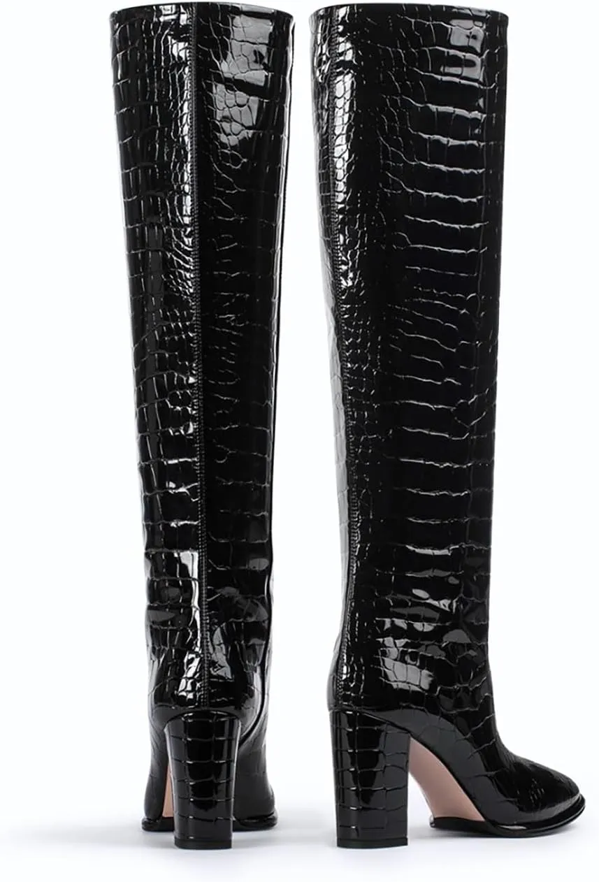 sarawill Women's Pointed Toe Platform Block Heel Knee High Boots Fashion Crocodile Pull On Fall Winter Dressy high Chunky Heel Tall Boots for Women