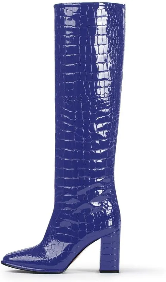 sarawill Women's Pointed Toe Platform Block Heel Knee High Boots Fashion Crocodile Pull On Fall Winter Dressy high Chunky Heel Tall Boots for Women