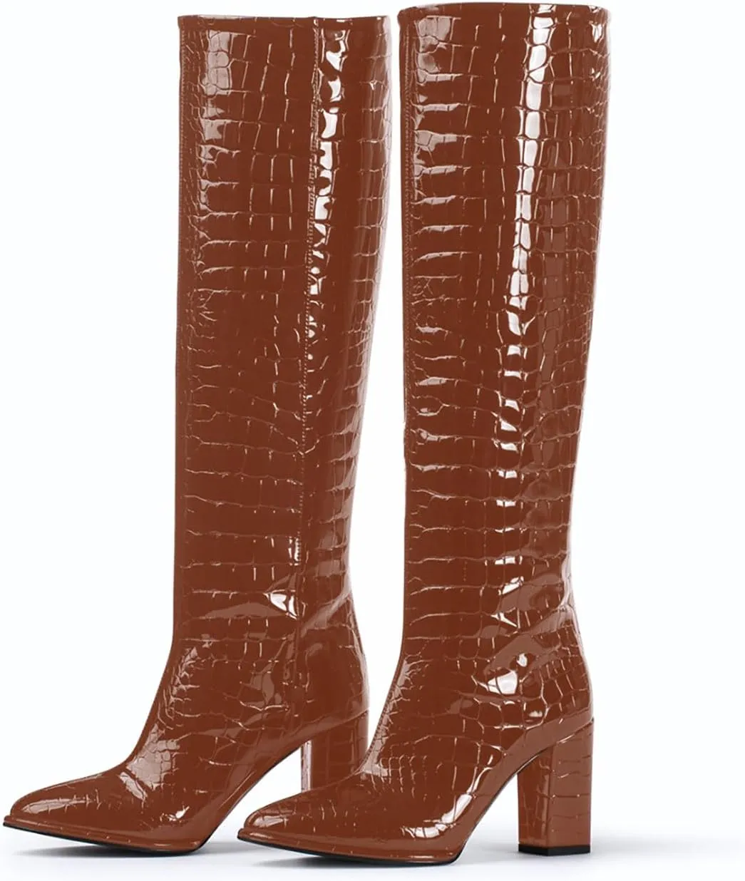 sarawill Women's Pointed Toe Platform Block Heel Knee High Boots Fashion Crocodile Pull On Fall Winter Dressy high Chunky Heel Tall Boots for Women