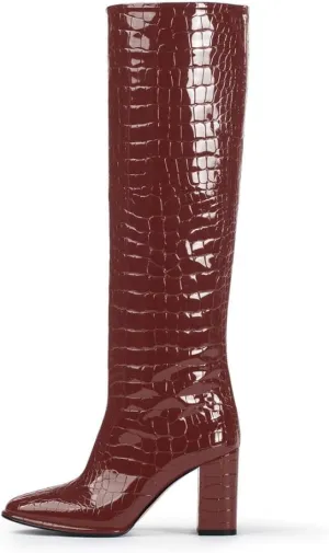 sarawill Women's Pointed Toe Platform Block Heel Knee High Boots Fashion Crocodile Pull On Fall Winter Dressy high Chunky Heel Tall Boots for Women