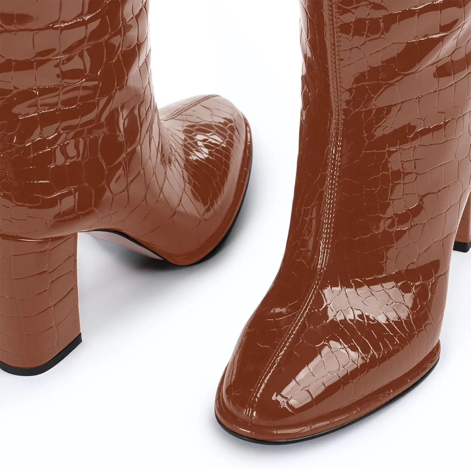 sarawill Women's Pointed Toe Platform Block Heel Knee High Boots Fashion Crocodile Pull On Fall Winter Dressy high Chunky Heel Tall Boots for Women