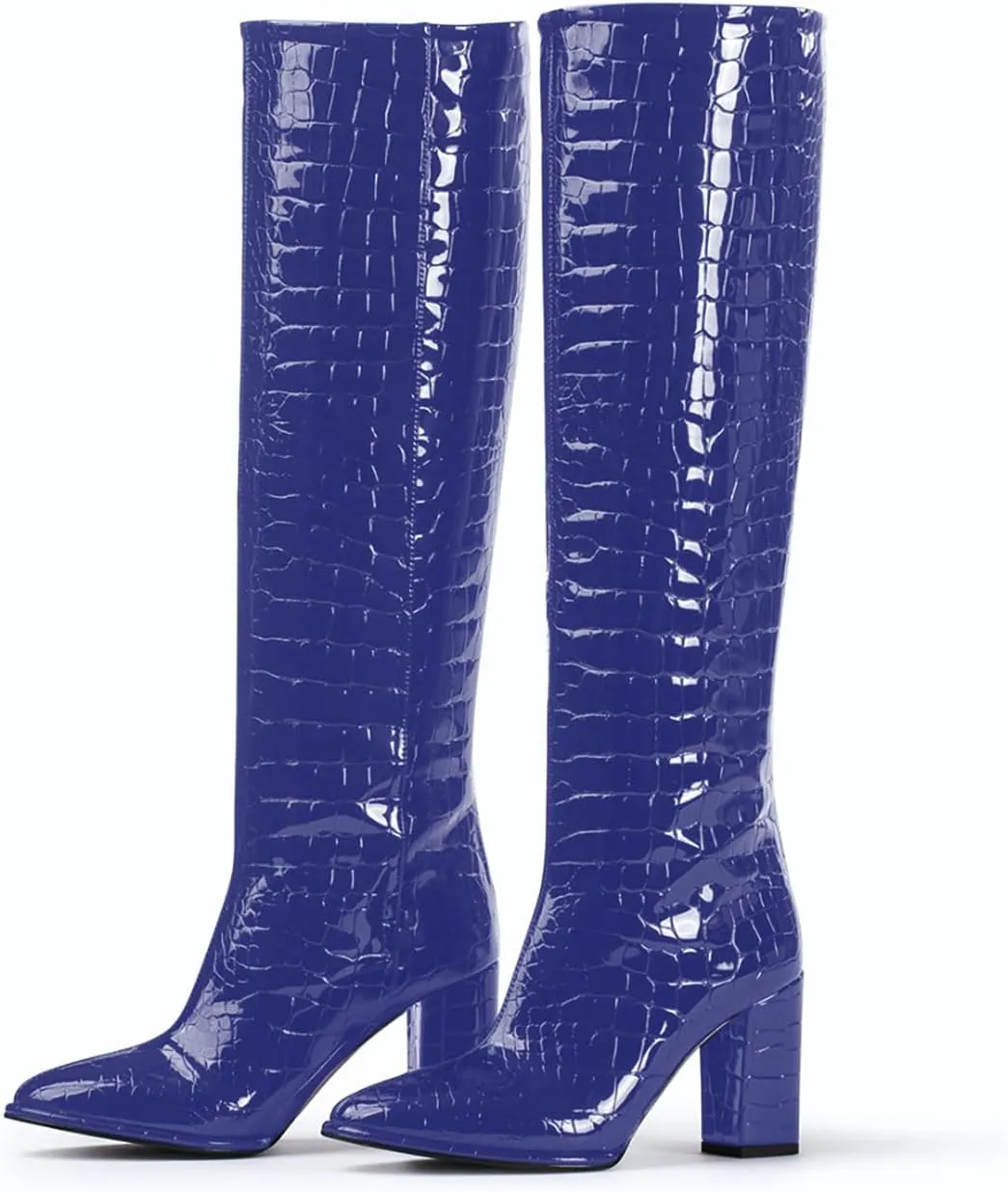 sarawill Women's Pointed Toe Platform Block Heel Knee High Boots Fashion Crocodile Pull On Fall Winter Dressy high Chunky Heel Tall Boots for Women