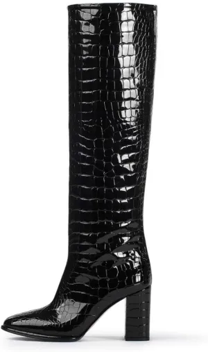 sarawill Women's Pointed Toe Platform Block Heel Knee High Boots Fashion Crocodile Pull On Fall Winter Dressy high Chunky Heel Tall Boots for Women