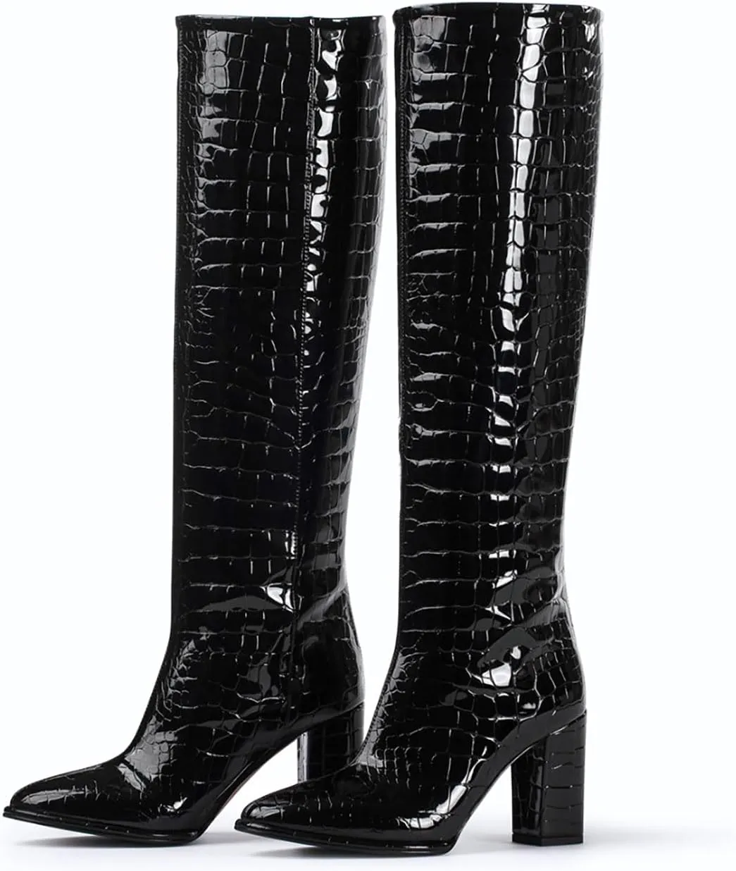 sarawill Women's Pointed Toe Platform Block Heel Knee High Boots Fashion Crocodile Pull On Fall Winter Dressy high Chunky Heel Tall Boots for Women