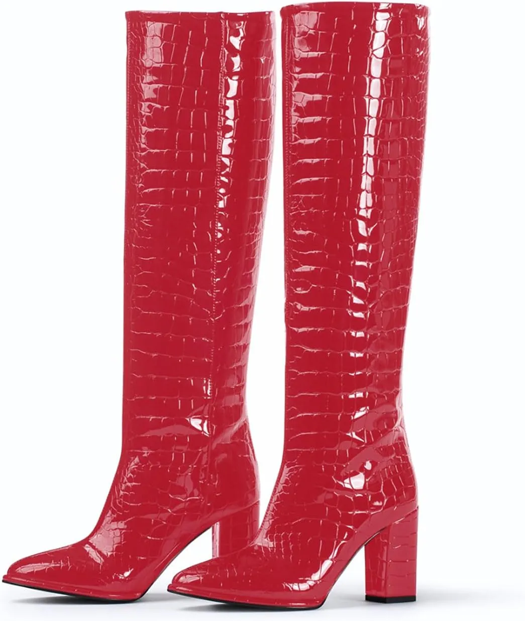 sarawill Women's Pointed Toe Platform Block Heel Knee High Boots Fashion Crocodile Pull On Fall Winter Dressy high Chunky Heel Tall Boots for Women