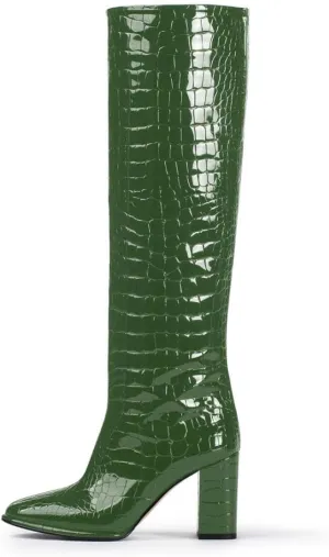 sarawill Women's Pointed Toe Platform Block Heel Knee High Boots Fashion Crocodile Pull On Fall Winter Dressy high Chunky Heel Tall Boots for Women