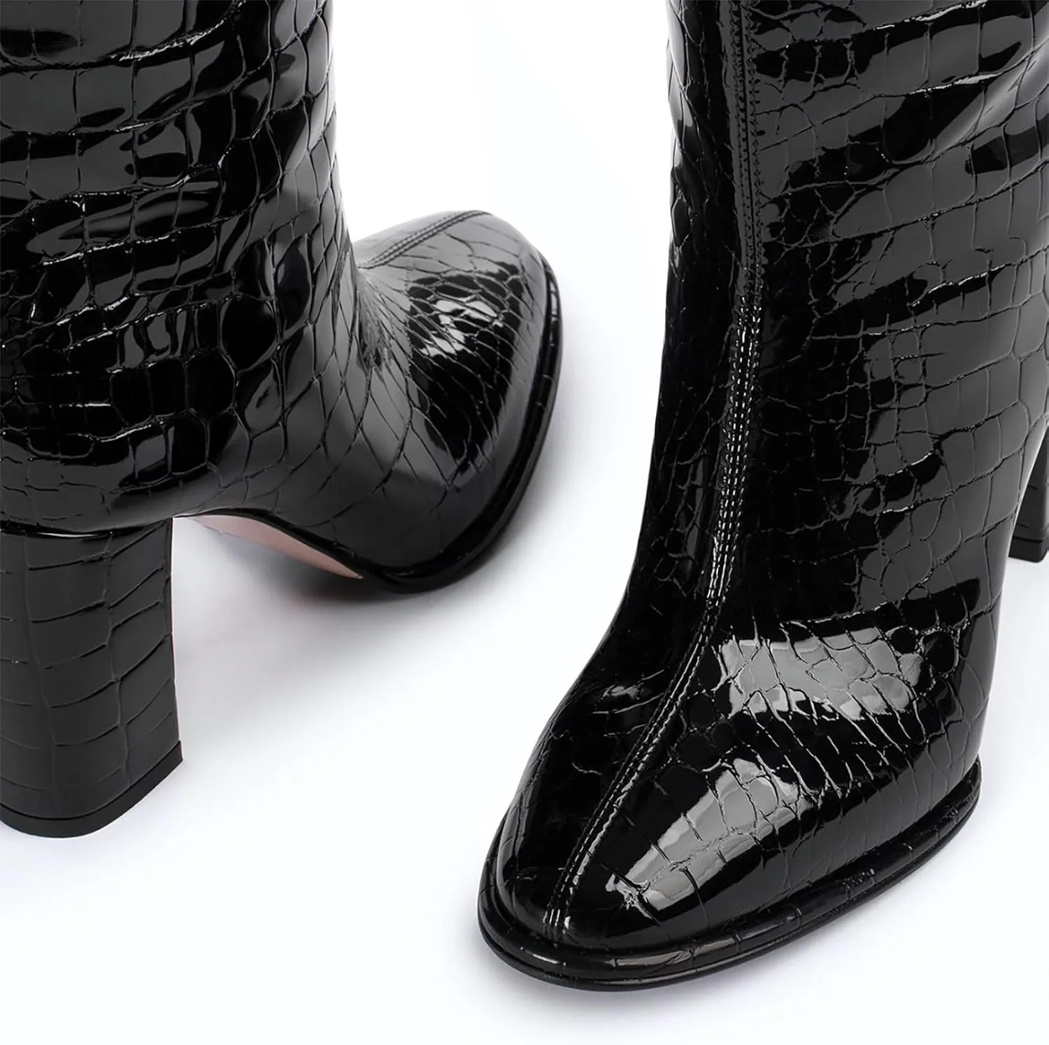 sarawill Women's Pointed Toe Platform Block Heel Knee High Boots Fashion Crocodile Pull On Fall Winter Dressy high Chunky Heel Tall Boots for Women