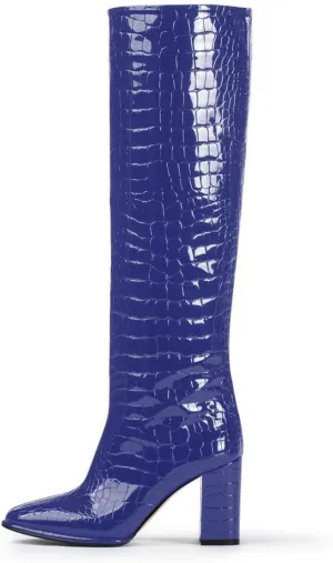 sarawill Women's Pointed Toe Platform Block Heel Knee High Boots Fashion Crocodile Pull On Fall Winter Dressy high Chunky Heel Tall Boots for Women