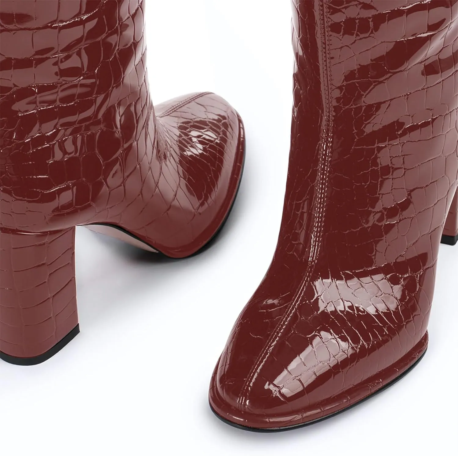 sarawill Women's Pointed Toe Platform Block Heel Knee High Boots Fashion Crocodile Pull On Fall Winter Dressy high Chunky Heel Tall Boots for Women