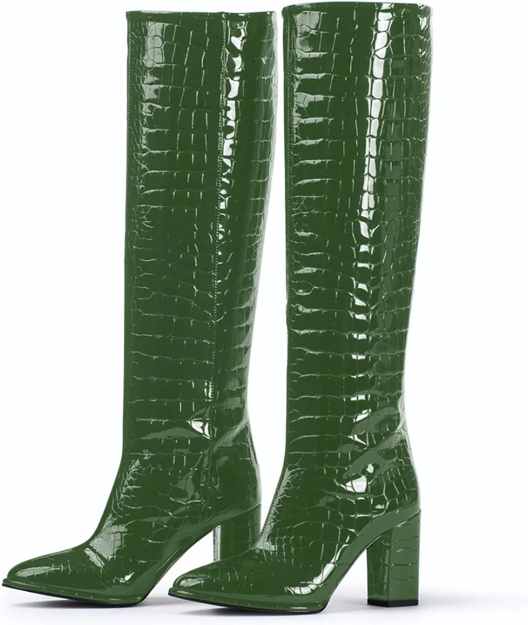 sarawill Women's Pointed Toe Platform Block Heel Knee High Boots Fashion Crocodile Pull On Fall Winter Dressy high Chunky Heel Tall Boots for Women