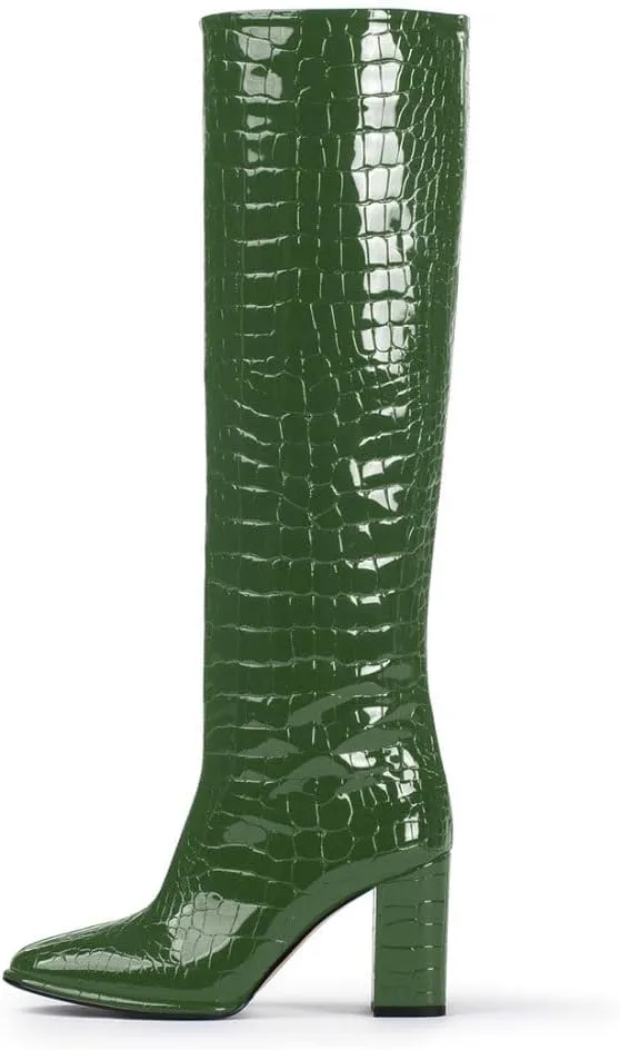 sarawill Women's Pointed Toe Platform Block Heel Knee High Boots Fashion Crocodile Pull On Fall Winter Dressy high Chunky Heel Tall Boots for Women