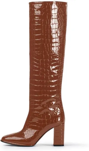 sarawill Women's Pointed Toe Platform Block Heel Knee High Boots Fashion Crocodile Pull On Fall Winter Dressy high Chunky Heel Tall Boots for Women