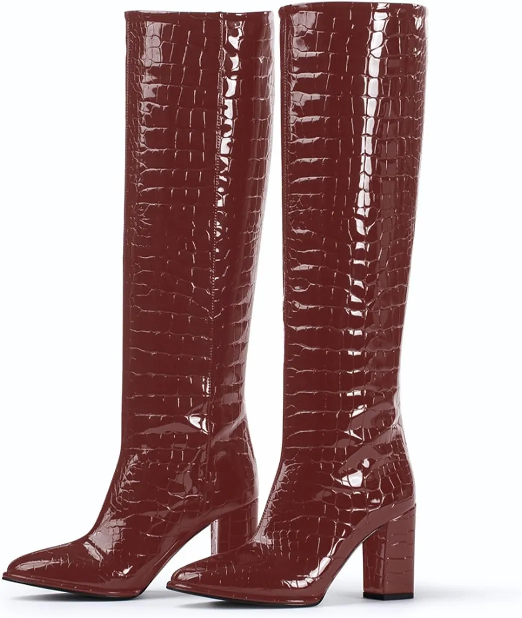 sarawill Women's Pointed Toe Platform Block Heel Knee High Boots Fashion Crocodile Pull On Fall Winter Dressy high Chunky Heel Tall Boots for Women