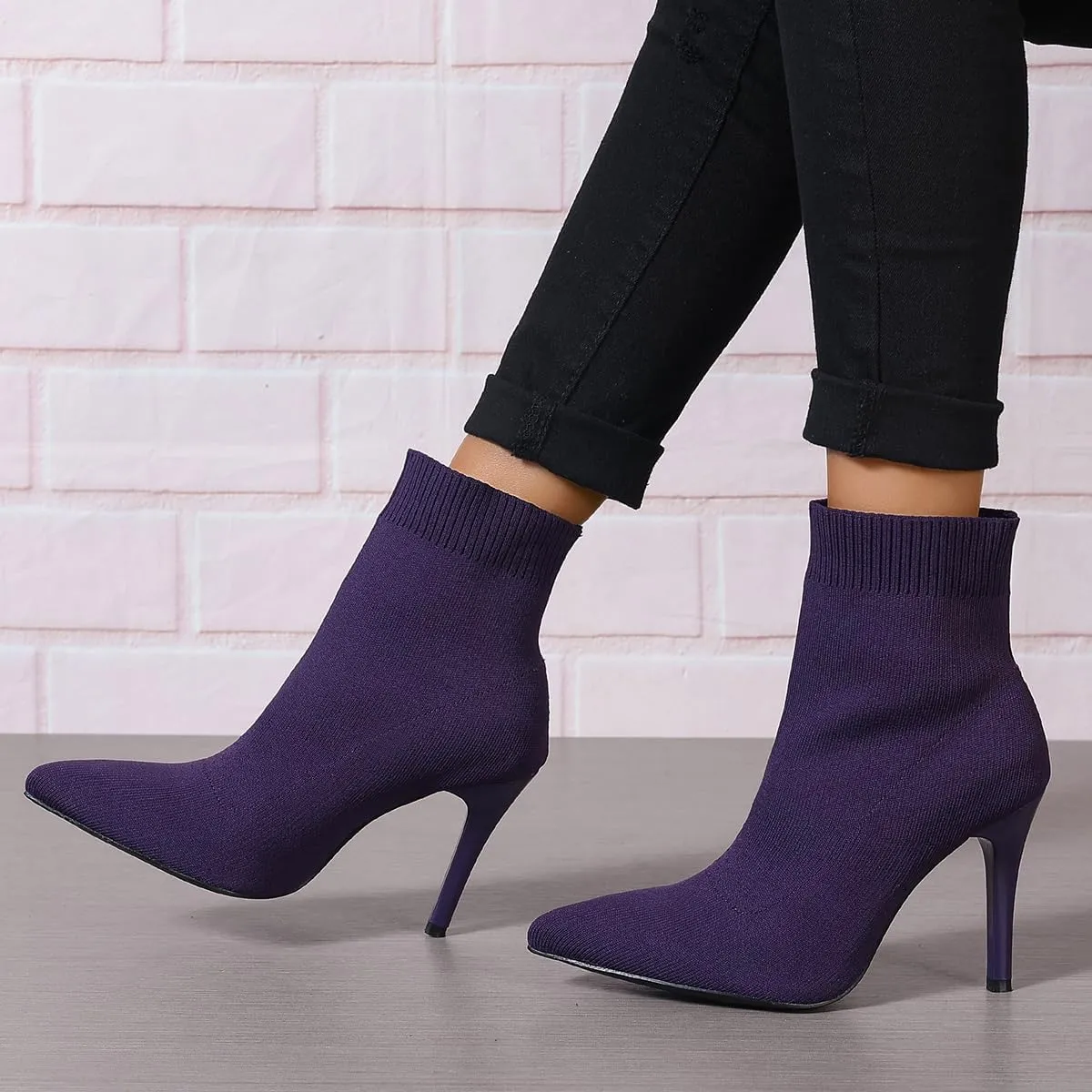 SelRoys Women's Ankle Boots Stretch Elastic Knit Pointed Toe Stiletto Heel Breathable Fashion Sock Booties