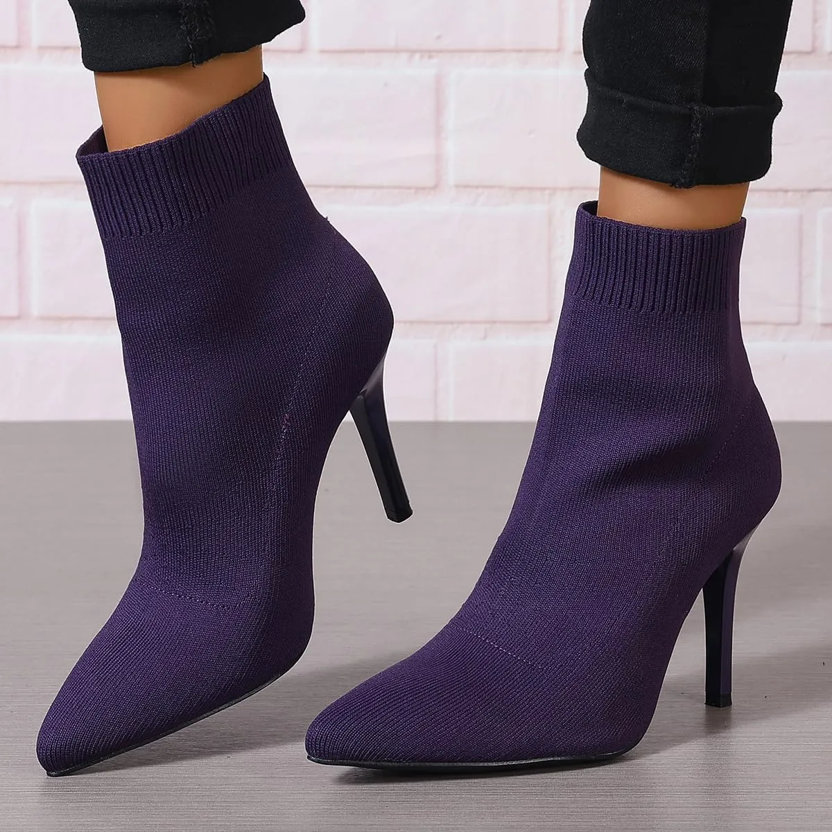 SelRoys Women's Ankle Boots Stretch Elastic Knit Pointed Toe Stiletto Heel Breathable Fashion Sock Booties