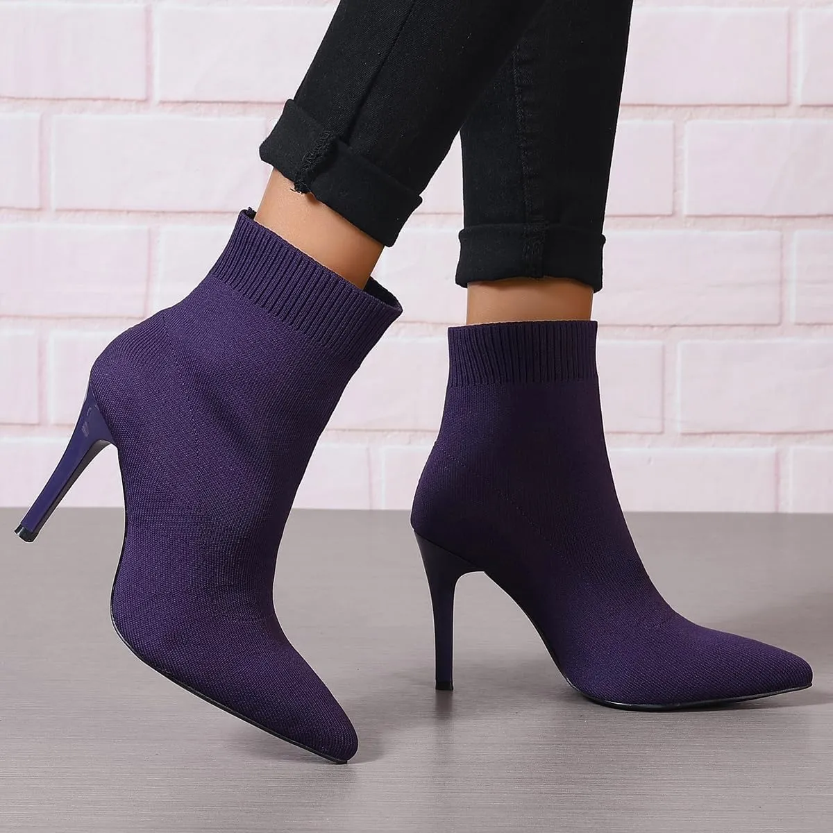 SelRoys Women's Ankle Boots Stretch Elastic Knit Pointed Toe Stiletto Heel Breathable Fashion Sock Booties