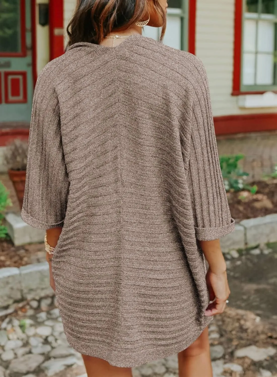 SHEWIN Women's Casual 3/4 Short Sleeve Open Front Lightweight Cable Knit Kimono Cardigan Sweaters