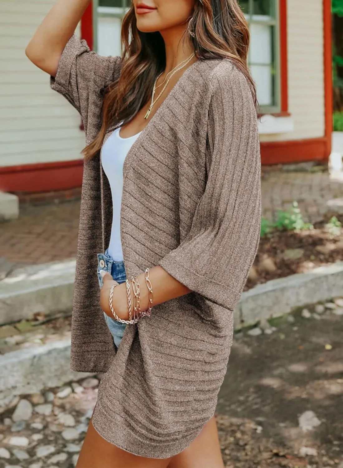 SHEWIN Women's Casual 3/4 Short Sleeve Open Front Lightweight Cable Knit Kimono Cardigan Sweaters