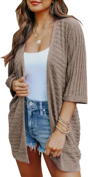 SHEWIN Women's Casual 3/4 Short Sleeve Open Front Lightweight Cable Knit Kimono Cardigan Sweaters