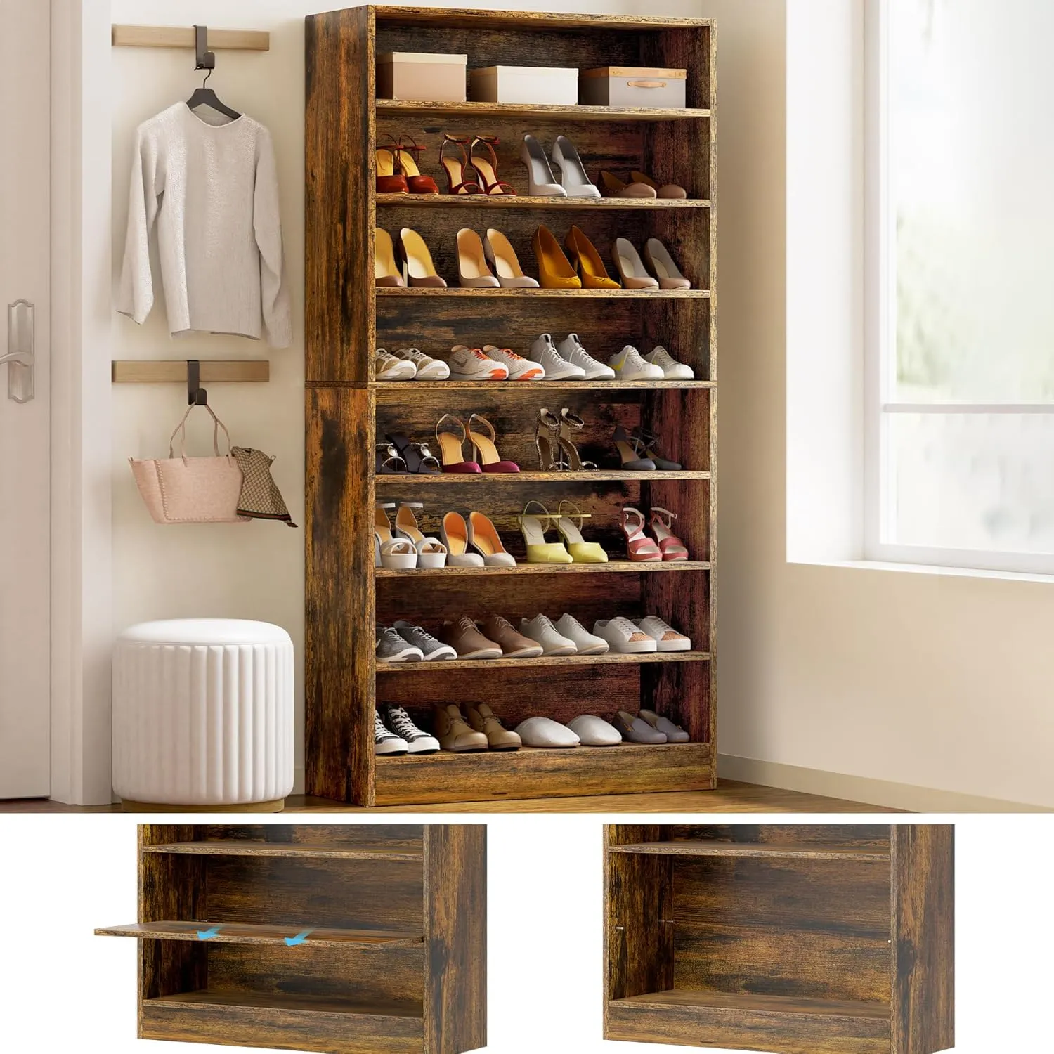Shoe Cabinet, 8 Tiers Large Wooden Shoe Organizer Cabinet, Vertical Tall Shoe Storage Cabinet Entryway, Open Farmhouse Shoe Cabinet for Closet, Bedroom, Brown