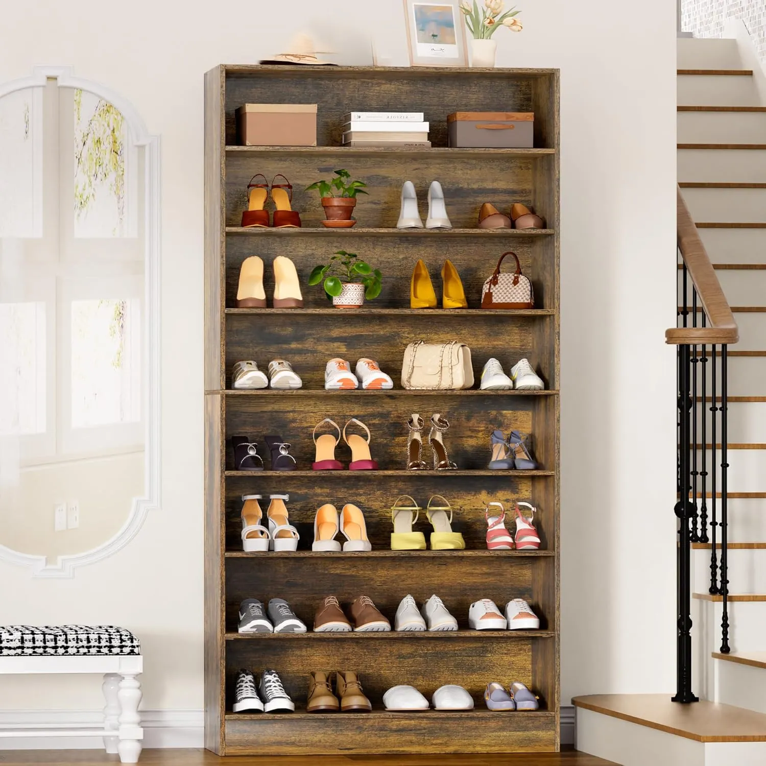 Shoe Cabinet, 8 Tiers Large Wooden Shoe Organizer Cabinet, Vertical Tall Shoe Storage Cabinet Entryway, Open Farmhouse Shoe Cabinet for Closet, Bedroom, Brown