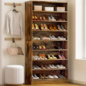 Shoe Cabinet, 8 Tiers Large Wooden Shoe Organizer Cabinet, Vertical Tall Shoe Storage Cabinet Entryway, Open Farmhouse Shoe Cabinet for Closet, Bedroom, Brown