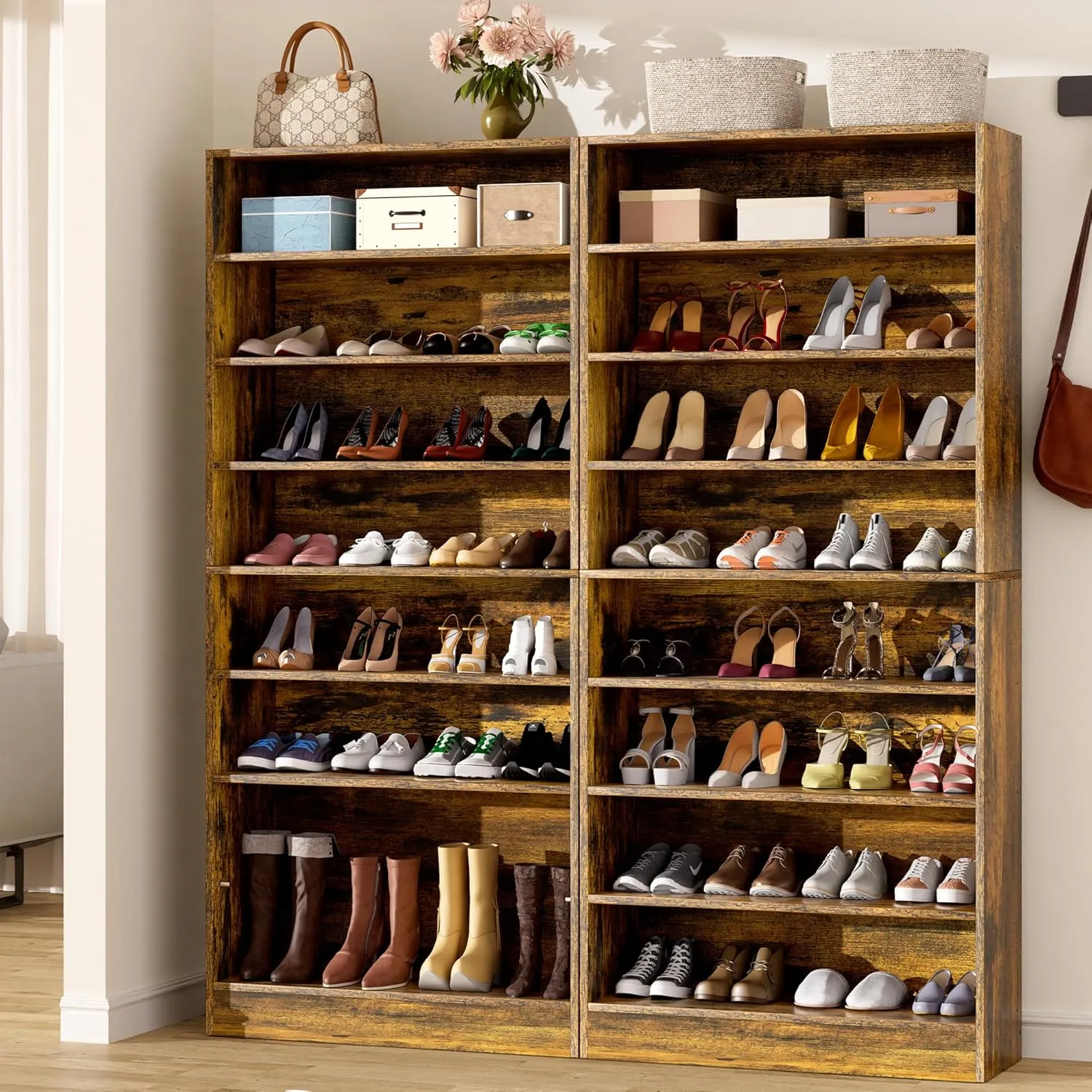 Shoe Cabinet, 8 Tiers Large Wooden Shoe Organizer Cabinet, Vertical Tall Shoe Storage Cabinet Entryway, Open Farmhouse Shoe Cabinet for Closet, Bedroom, Brown