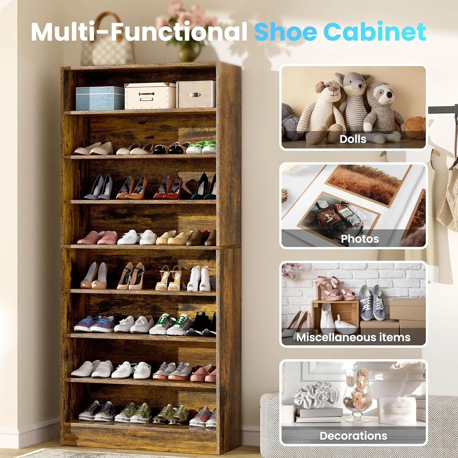 Shoe Cabinet, 8 Tiers Large Wooden Shoe Organizer Cabinet, Vertical Tall Shoe Storage Cabinet Entryway, Open Farmhouse Shoe Cabinet for Closet, Bedroom, Brown