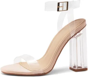 Shoe Land Womens SL-Cllaary Clear Heels Open Toe Ankle Strap Chunky Block Heeled Sandals Dress Pump Wedding Party Shoes