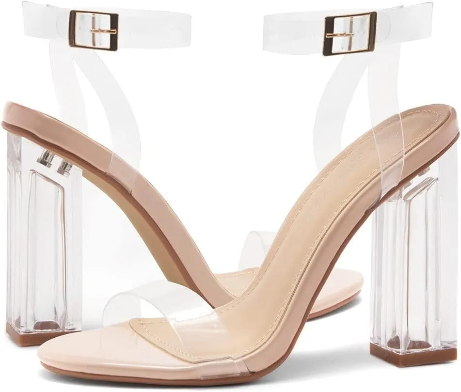 Shoe Land Womens SL-Cllaary Clear Heels Open Toe Ankle Strap Chunky Block Heeled Sandals Dress Pump Wedding Party Shoes