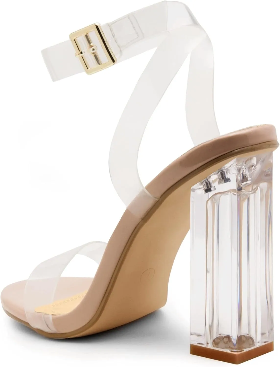 Shoe Land Womens SL-Cllaary Clear Heels Open Toe Ankle Strap Chunky Block Heeled Sandals Dress Pump Wedding Party Shoes