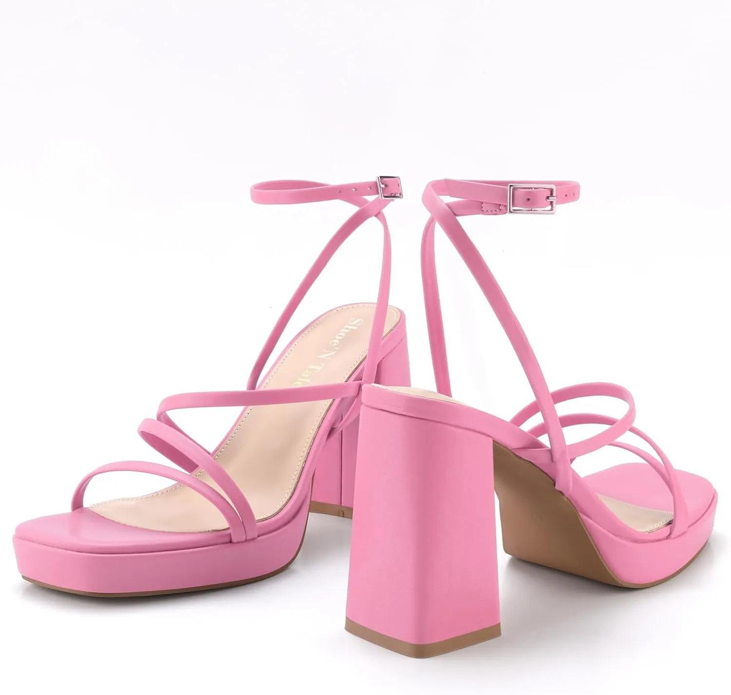 Shoe'N Tale Platform Heels for Women Strappy Block Chunky Heels Square Toe Ankle Buckle Sandals