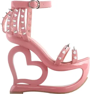 SHOW STORY Punk Black Spikes Strappy Heart Heel Wedge Evening Sandals,LF40204