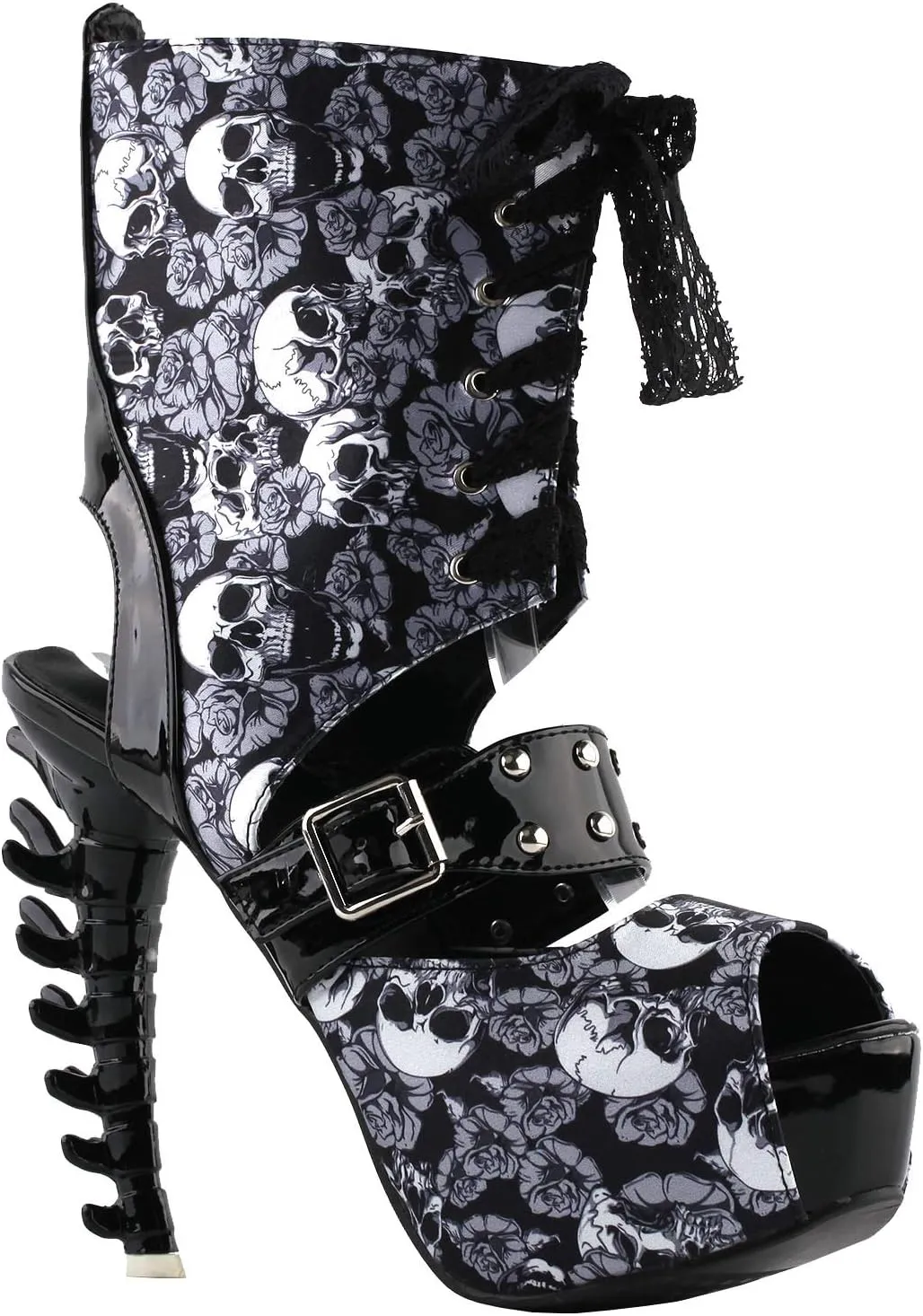SHOW STORY Punk Skull Rose Print Stud Buckle Lace-UpPlatform Bone Heel Club Ankle Bootie Sandals,LF80663
