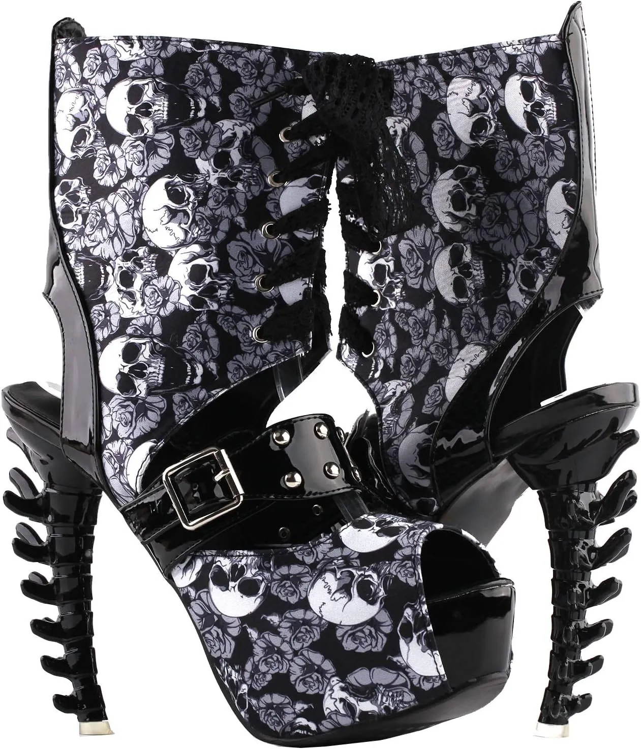 SHOW STORY Punk Skull Rose Print Stud Buckle Lace-UpPlatform Bone Heel Club Ankle Bootie Sandals,LF80663