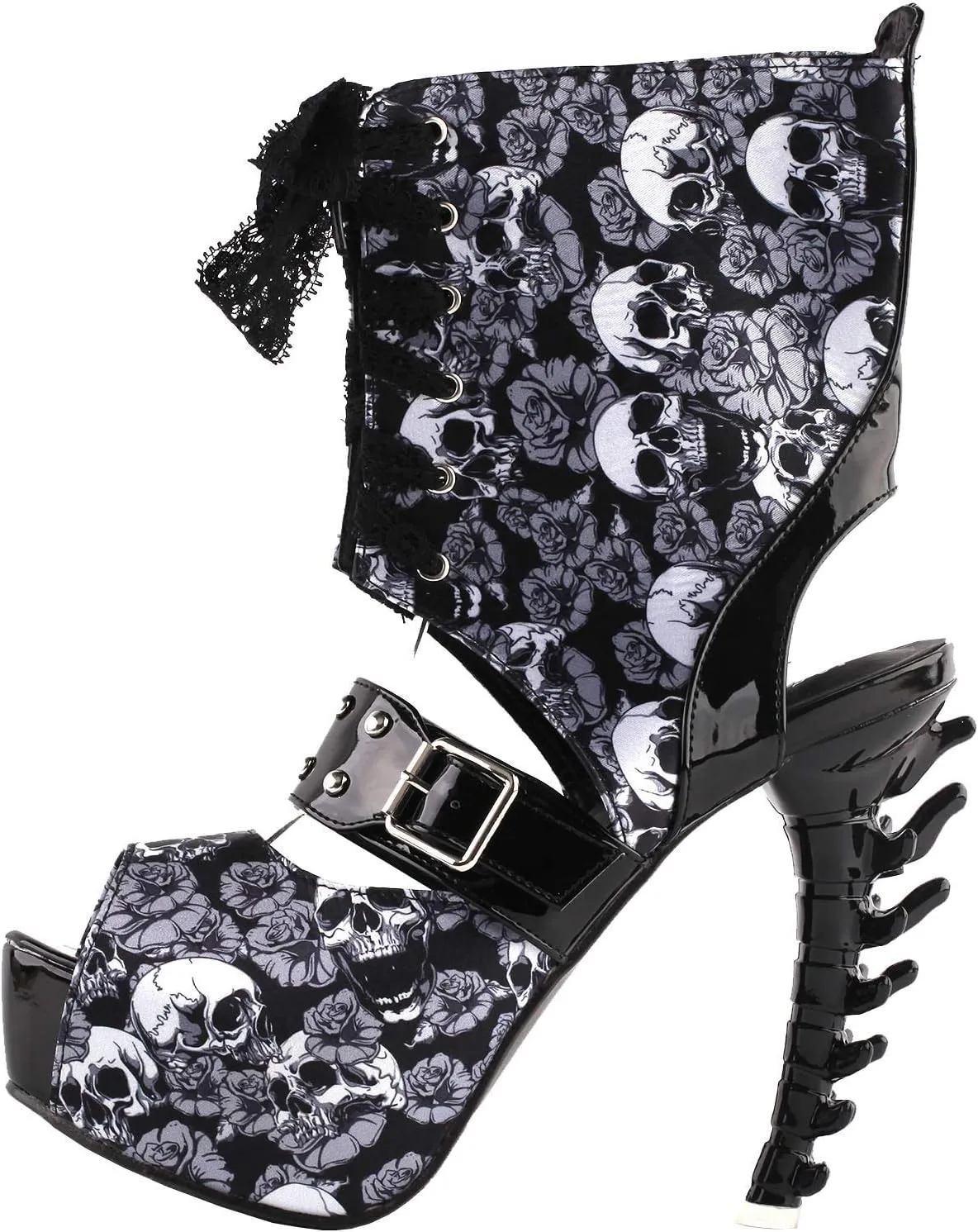 SHOW STORY Punk Skull Rose Print Stud Buckle Lace-UpPlatform Bone Heel Club Ankle Bootie Sandals,LF80663
