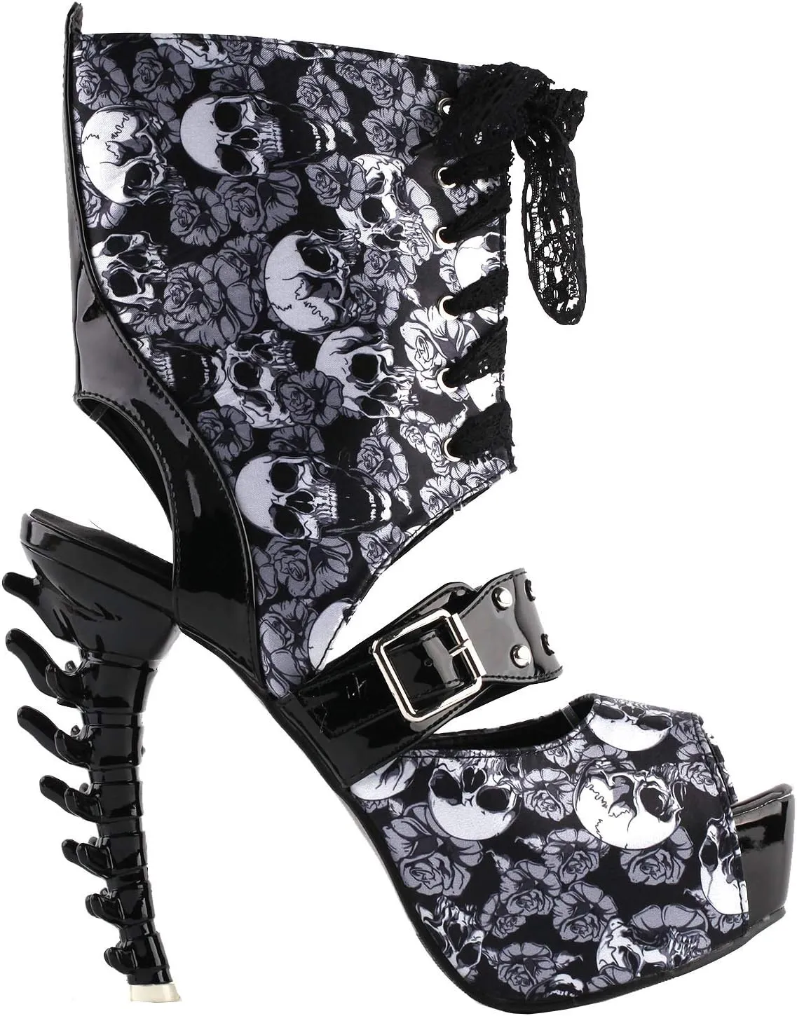 SHOW STORY Punk Skull Rose Print Stud Buckle Lace-UpPlatform Bone Heel Club Ankle Bootie Sandals,LF80663