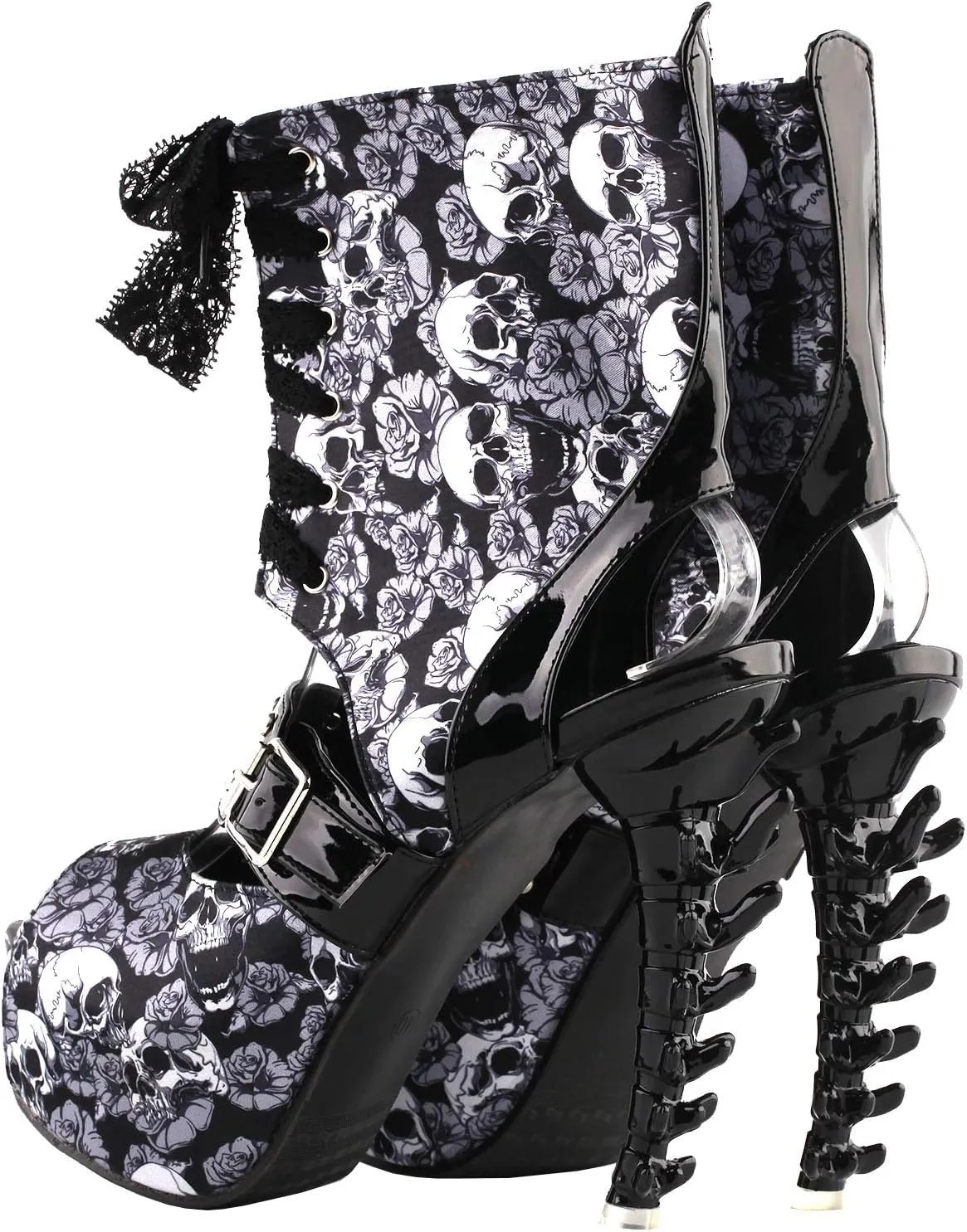 SHOW STORY Punk Skull Rose Print Stud Buckle Lace-UpPlatform Bone Heel Club Ankle Bootie Sandals,LF80663